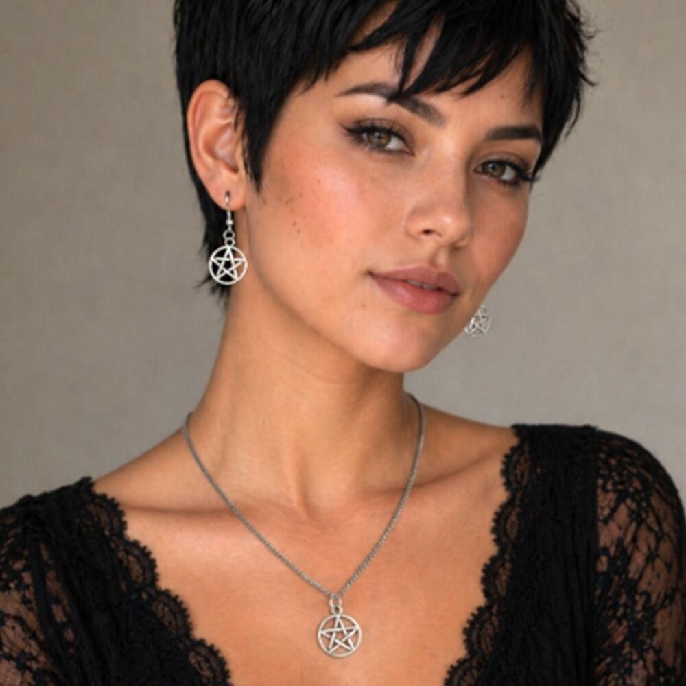 Silver Pentacle Pentagram Necklace and Earrings Set Silvertone Metal Lightweight